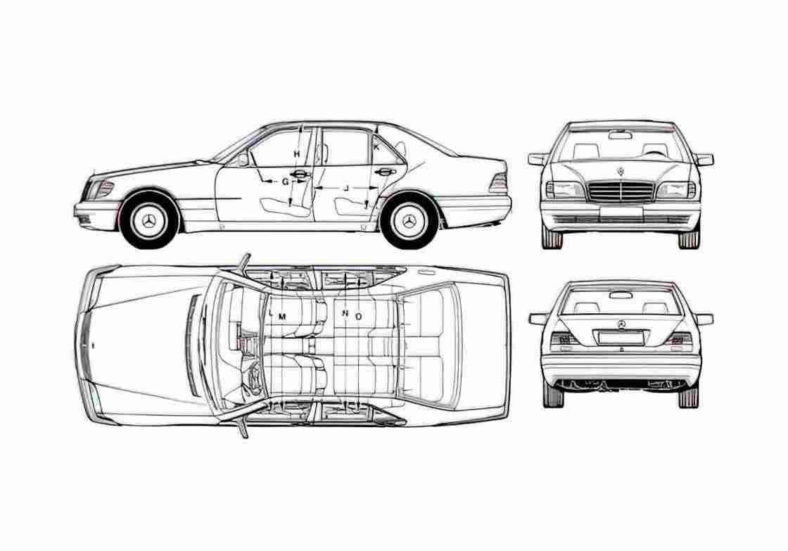 Blueprint Mercedes Benz W140 Sedan 1994 A4 Photo Print