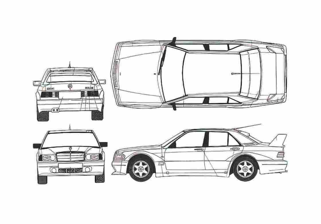 Blueprint Mercedes Benz W201 190e Evolution II Sedan 1982 2) A4 Photo Print