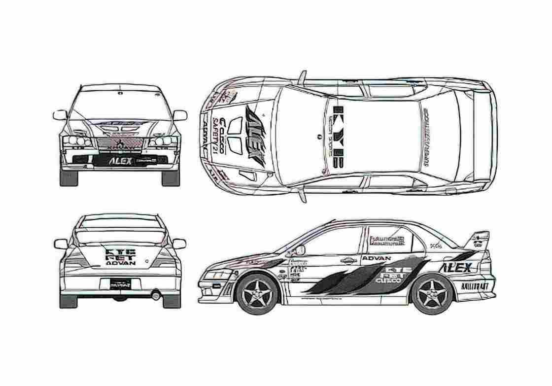 Blueprint Mitsubishi Lancer Evolution VII Sedan 2003 A4 Photo Print