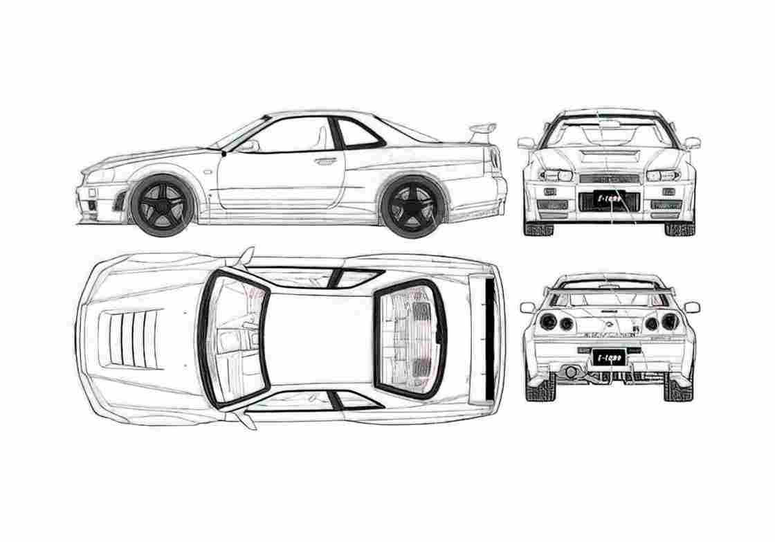 Blueprint Nissan Skyline GT R34 Coupe 2004 A4 Photo Print