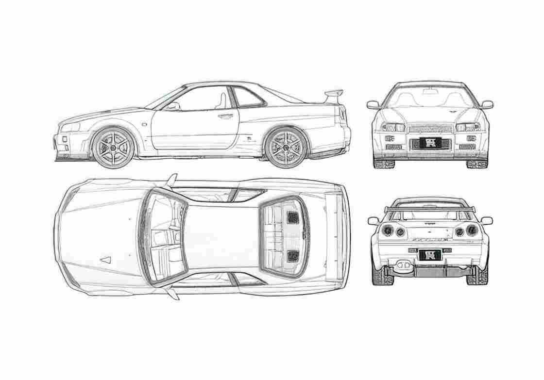 Blueprint Nissan Skyline GTR R34 V SPEC II Coupe 2000 A4 Photo Print