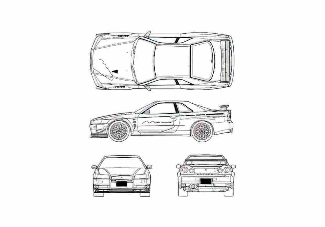 Blueprint Nissan Skyline R34 GT R Coupe 1999 A4 Photo Print