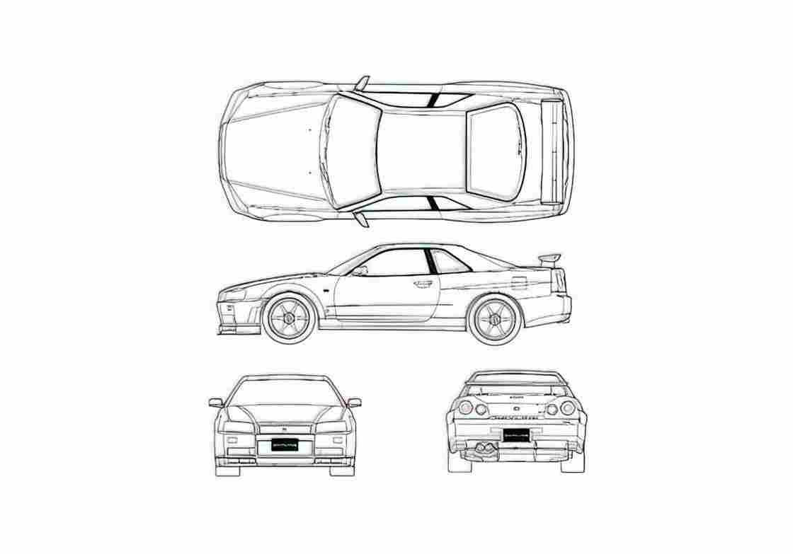 Blueprint Nissan Skyline R34 GT R V Spec Coupe 1999 A4 Photo Print