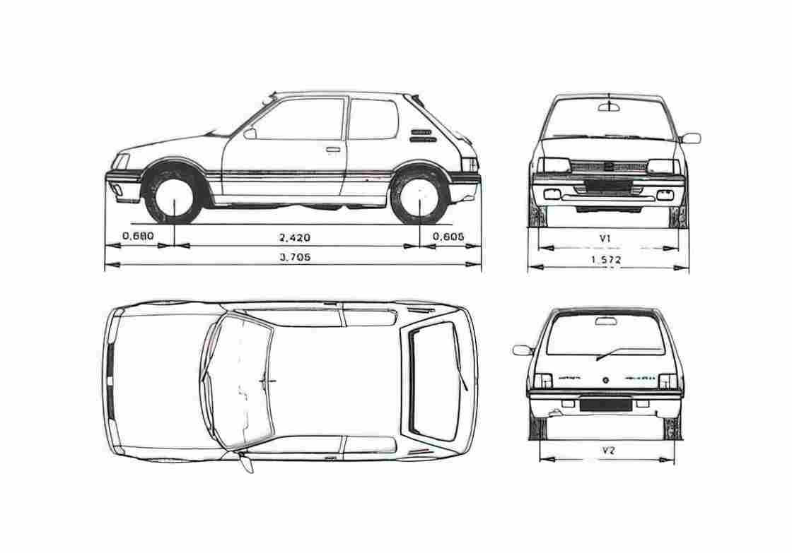 Blueprint Peugeot 205 GTI Hatchback 1970 A4 Photo Print