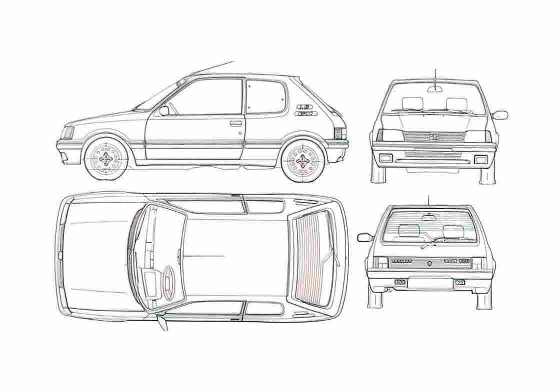 Blueprint Peugeot 205 GTI Hatchback 1983 A4 Photo Print
