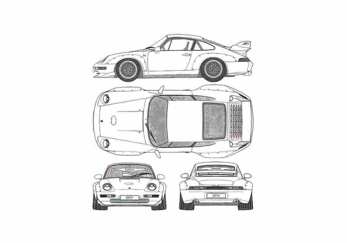 Blueprint Porsche 911 993) GT2 Coupe 1997 A4 Photo Print