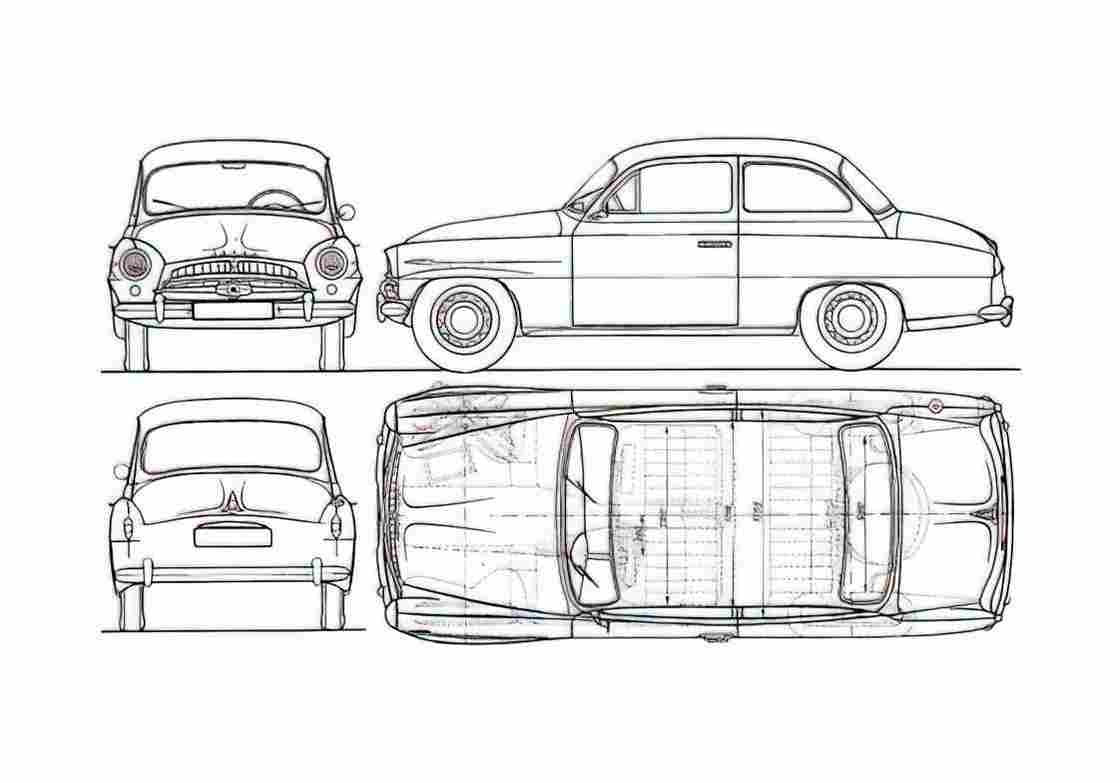 Blueprint Skoda 440 Sedan 1957 A4 Photo Print
