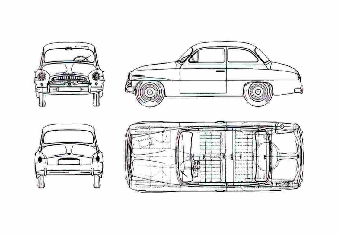 Blueprint Skoda 440 Sedan 1958 A4 Photo Print