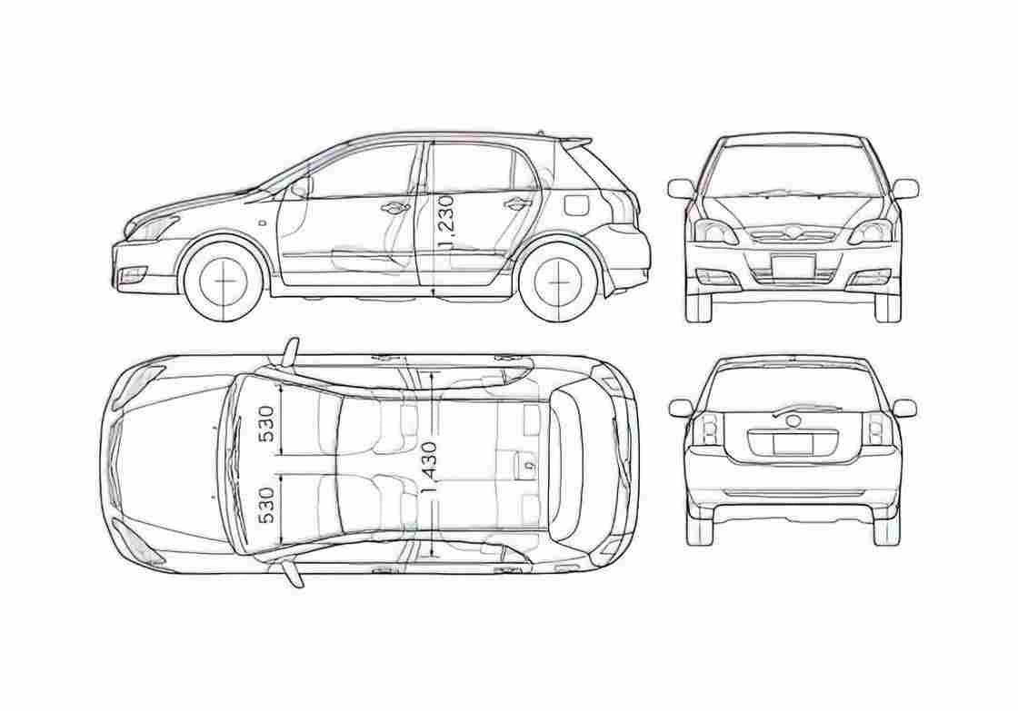 Blueprint Toyota Corolla Runx Hatchback 2005 A4 Photo Print