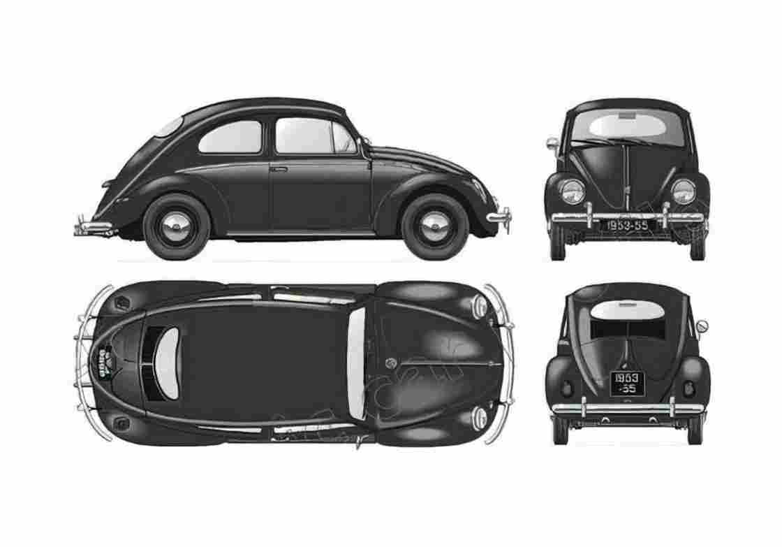 Blueprint Volkswagen Beetle 1200 Coupe 1955 A4 Photo Print
