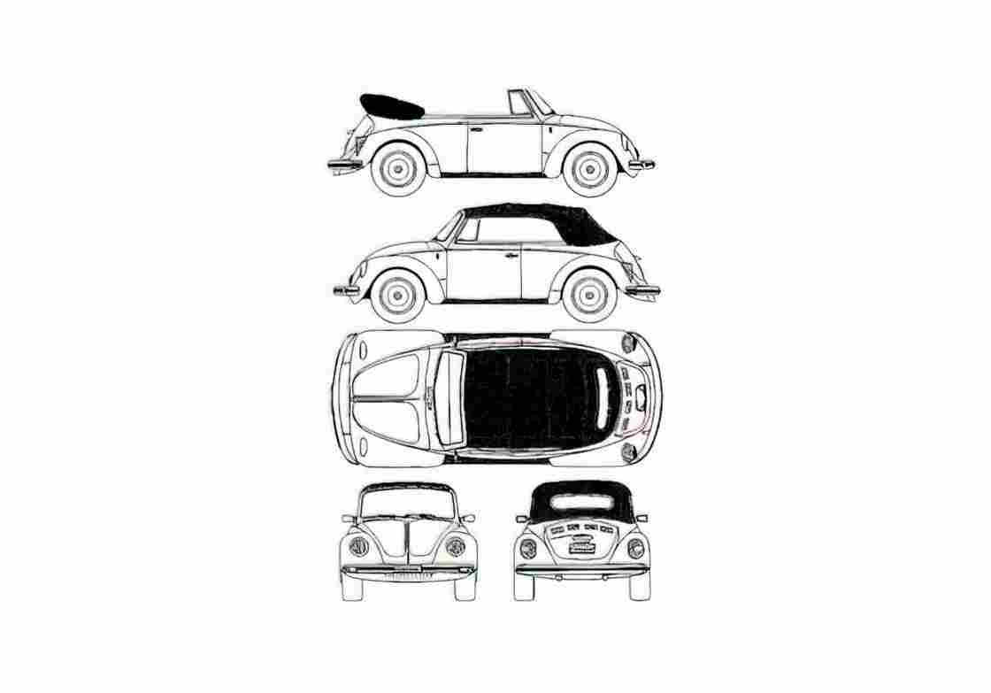 Blueprint Volkswagen Beetle 1303S Cabriolet 1973 A4 Photo Print