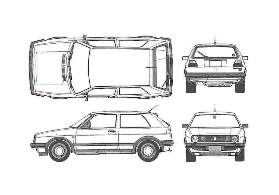 Blueprint Volkswagen Golf II Hatchback 1983 A4 Photo Print
