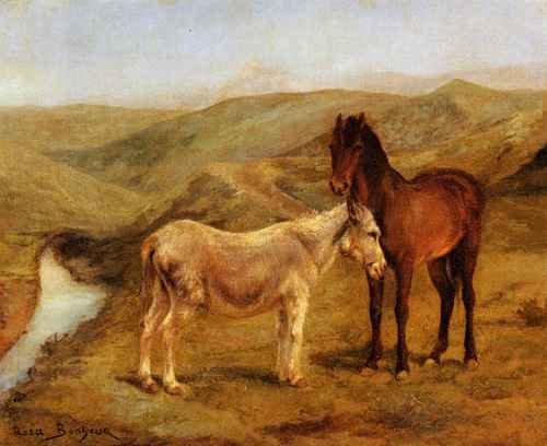 Bonheur Rosa A Horse And Donkeys In A Hilly Landscape A4 Photo Print