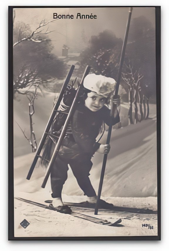 Bonne Annee Small Boy On Skiis As Chimney Sweep Vintage A4 Photo Print