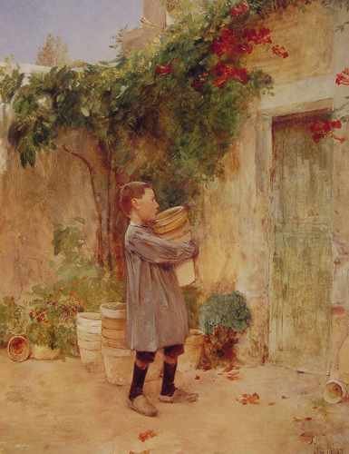 Boy With Flower Pots A4 Photo Print