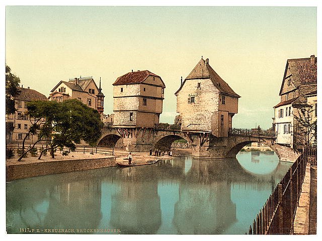 Bridge houses Kreuznach Nahethal Rhenish Prussia Vintage A4 Photo Print
