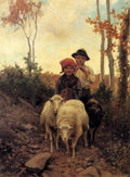 Bruzzi Stefano Children With Sheep On A Path Art A4 Photo Print