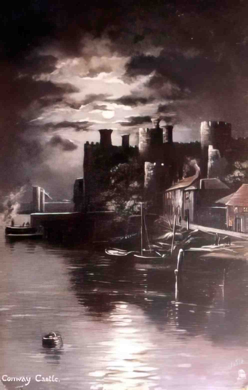 Caernarfonshire Conwy Castle by Night Art 1907 12080122 Vintage A4 Photo Print