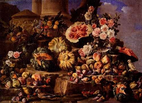Campidoglio Michele Pace Del Still Life Of Fruit And Flowers On A Stone Ledge With Birds And A Monkey A4 Photo Print