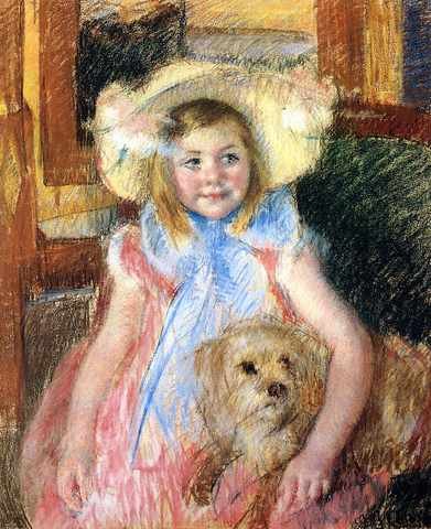 Cassatt Mary SarIn Large Flowered Hat Looking Right Holding Her Dog A4 Photo Print