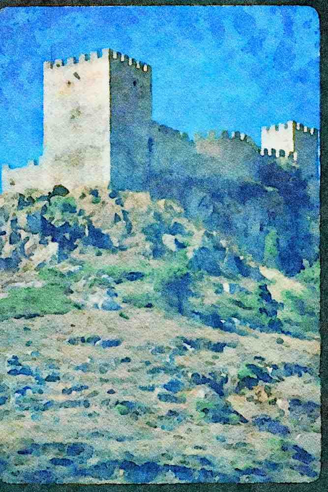 Castles 382004 Hilltop Castle, Sesimbra, Portugal A4 Limited Edition Watercolour Print
