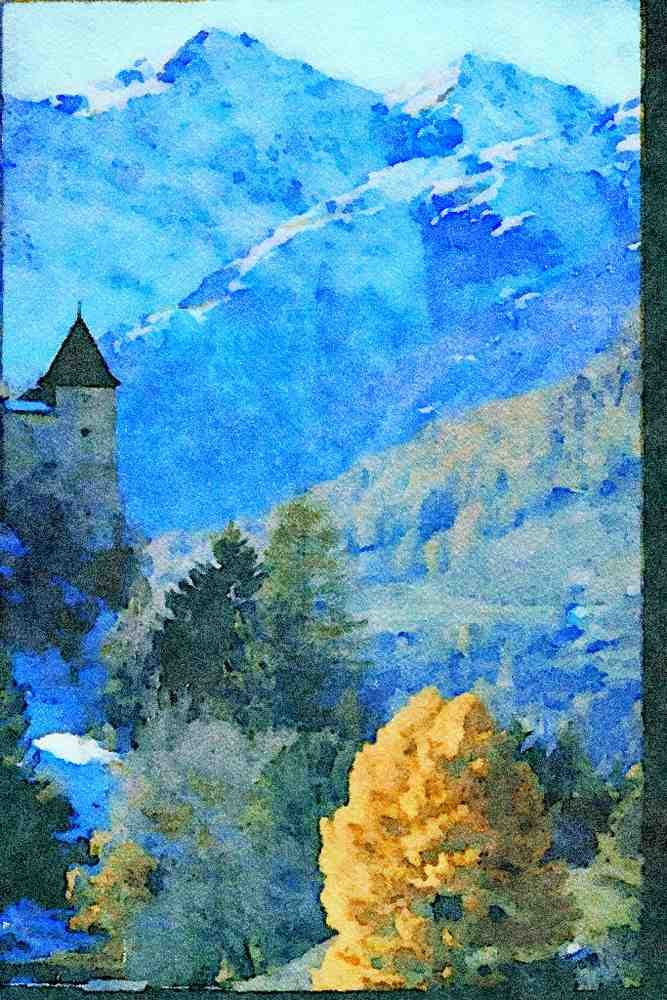 Castles 382011 Tarasp Castle, Switzerland A4 Limited Edition Watercolour Print