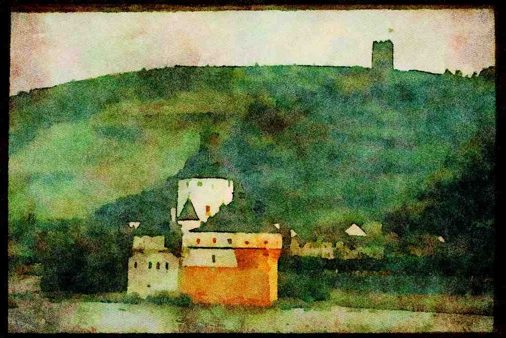 Castles 382047 Two Historic Castles On Rhine River Cruise A4 Limited Edition Watercolour Print