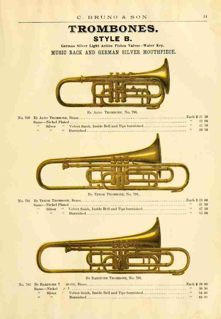 Catalogue C Bruno & Son c1890 Trombones B A4 Photo Print