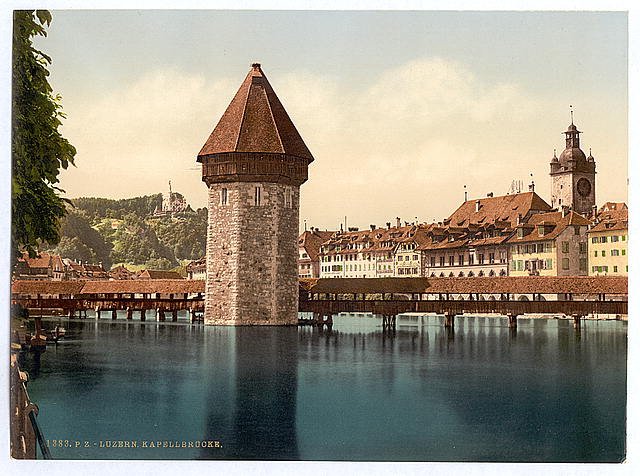 Chapel Bridge and view of Pilatus II Lucerne Vintage A4 Photo Print