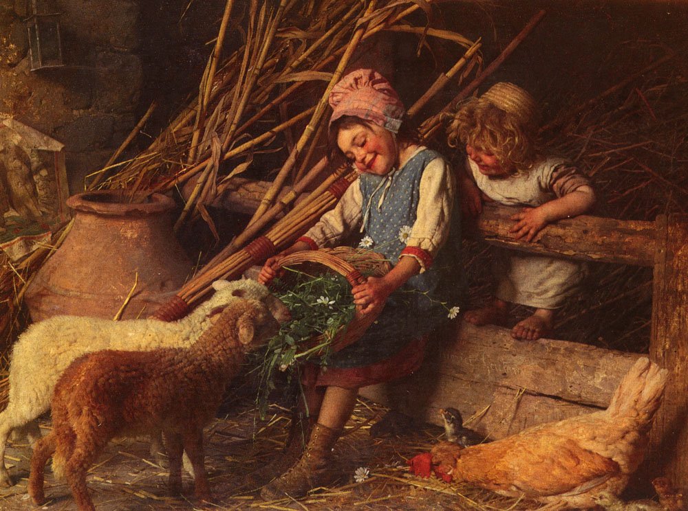 Chierici Gaetano Feeding The Lambs Art A4 Photo Print