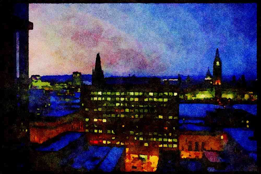 Cities 242023 Night View Of Parliament Hill From World Exchange Plaza A4 Limited Edition Watercolour Print
