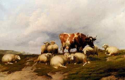 Cooper Thomas Sidney A Cow And Sheep On The Cliffs A4 Photo Print