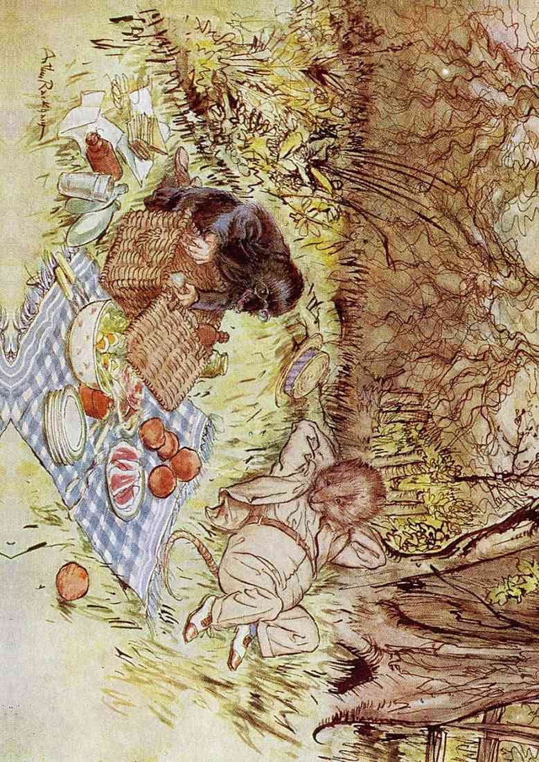 Cropped Wind in the Willows Arthur Rackham The Mole begged as a favour to be allowed to unpack it all by himself A4 Photo Print
