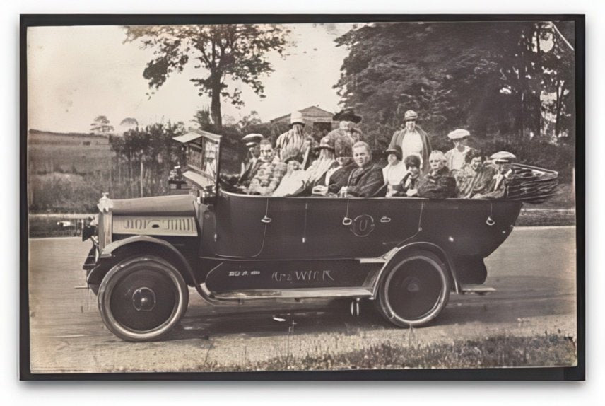 Cumbria Keswick Charabanc & Passengers Pose By Field Horse Shoe Vintage A4 Photo Print