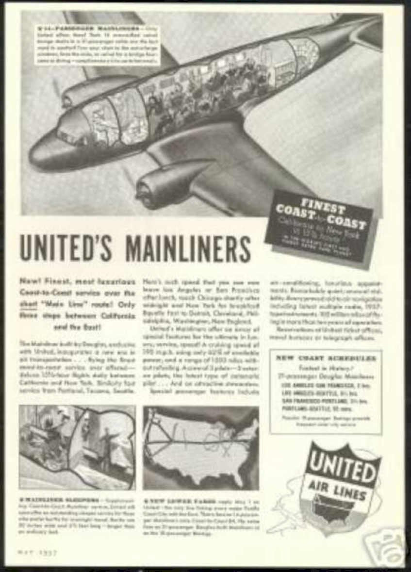 Dc3 Mainliner United Vintage Retro Advert Ads A4 Photo Print