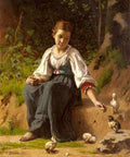 Delobbe Francois Alfred A Young Girl Feeding Baby Chicks A4 Photo Print