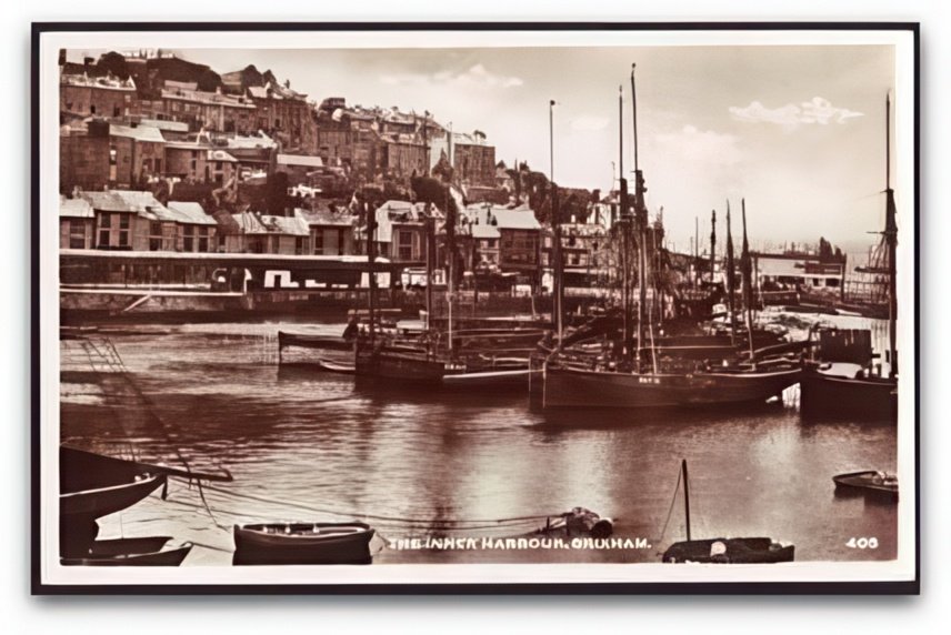Devon Brixham The Inner Harbour Fishing Boats Moored & Cottages Vintage A4 Photo Print