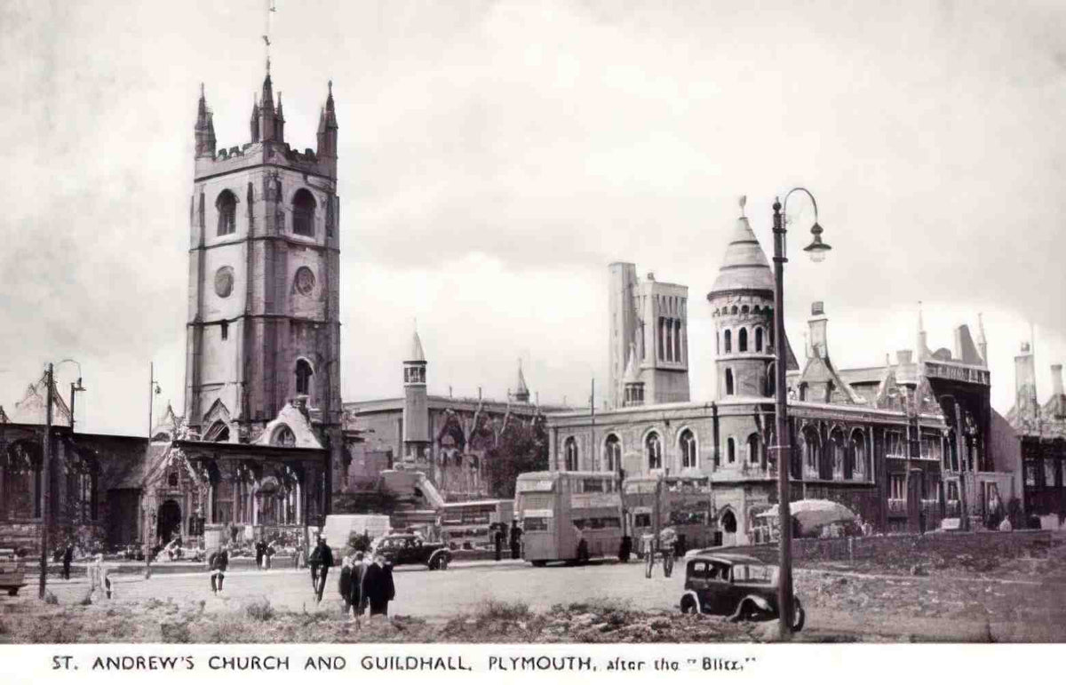 Devon Plymouth St Andrews Church and Guildhall after the Blitz Vintage A4 Photo Print