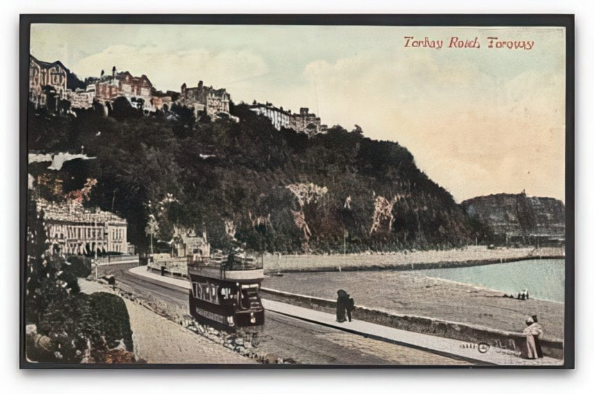 Devon Torquay Torbay Road Tram On Seafront Houses On Cliff Vintage A4 Photo Print