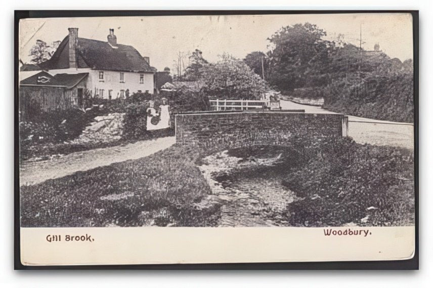 Devon Woodbury Gill Brook 2 Cute Girls By Bridge & Cottages Vintage A4 Photo Print