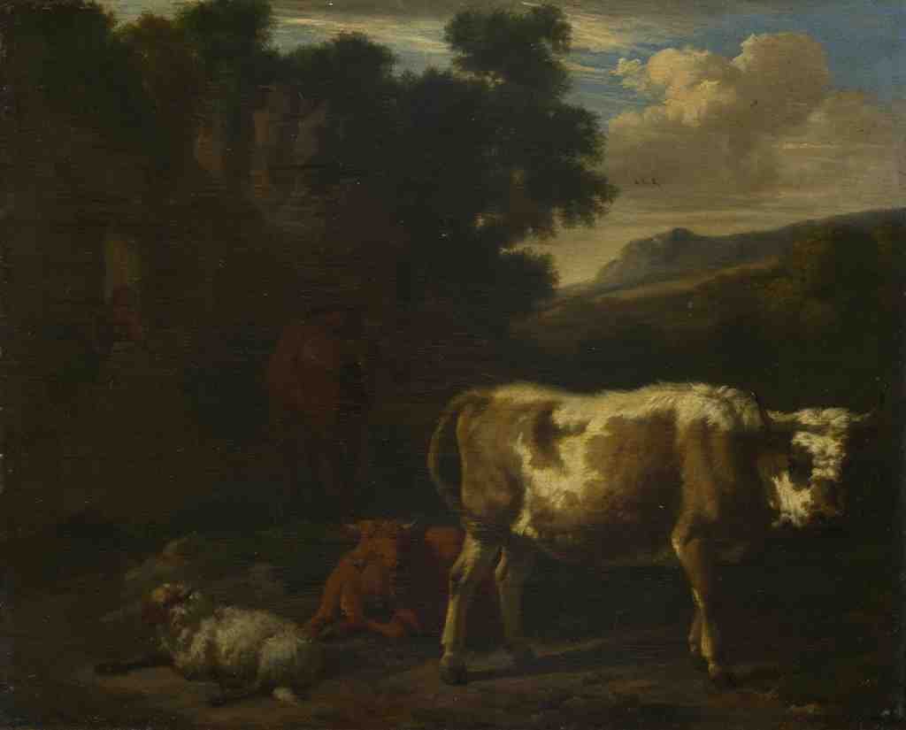 Dirck van den Bergen Two Calves, a Sheep and a Dun Horse by a Ruin A4 Photo Print