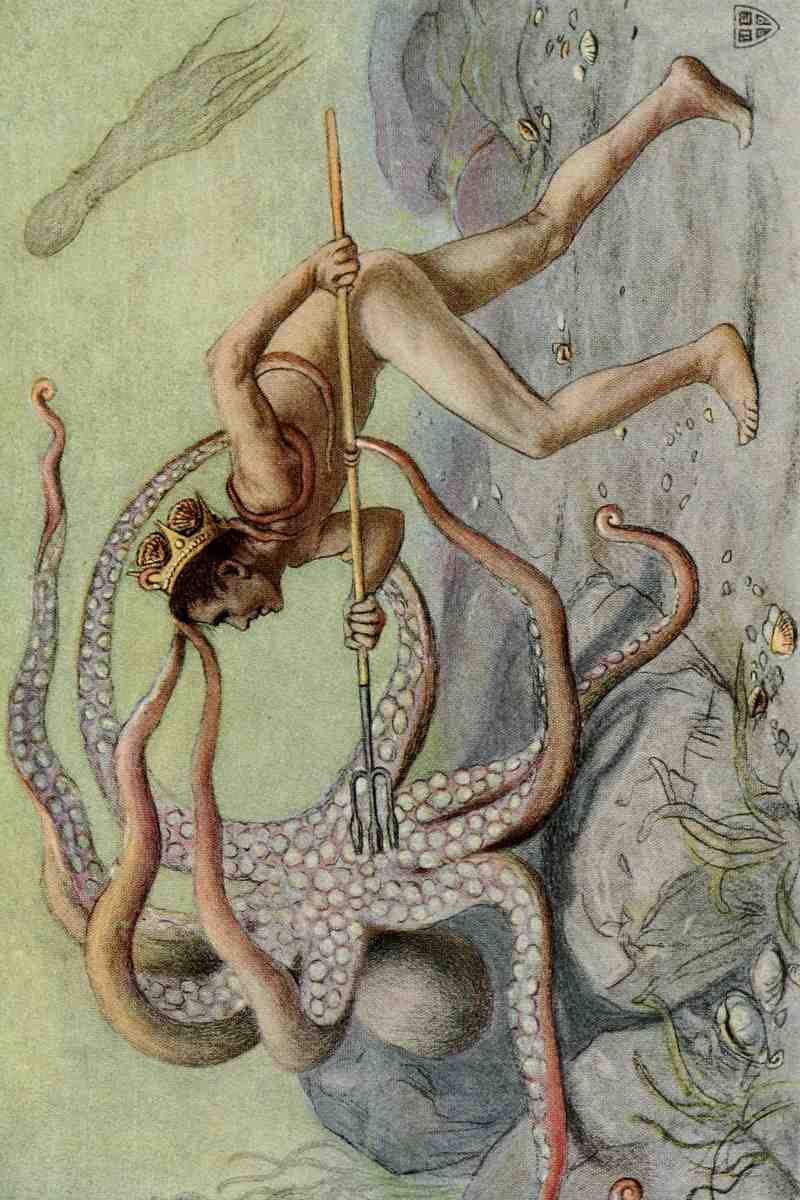Elliott John 1859 1925 The Great Sea Horse 1909 Young Neptune battling octopus A4 Photo Print