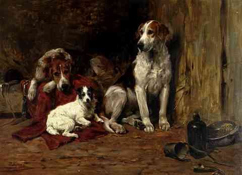 Emms John Hounds And A Jack Russell In A Stable A4 Photo Print