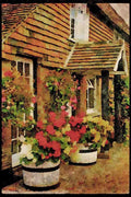English Country Gardens UK GB 131039 Hanging Baskets And Planted Tubs Calceolaria, Fuchsias A4 Limited Edition Watercolour Print