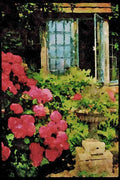 English Country Gardens UK GB 131044 Leaded Window, Hydrangea Macrophylla, Urn With Geraniums A4 Limited Edition Watercolour Print