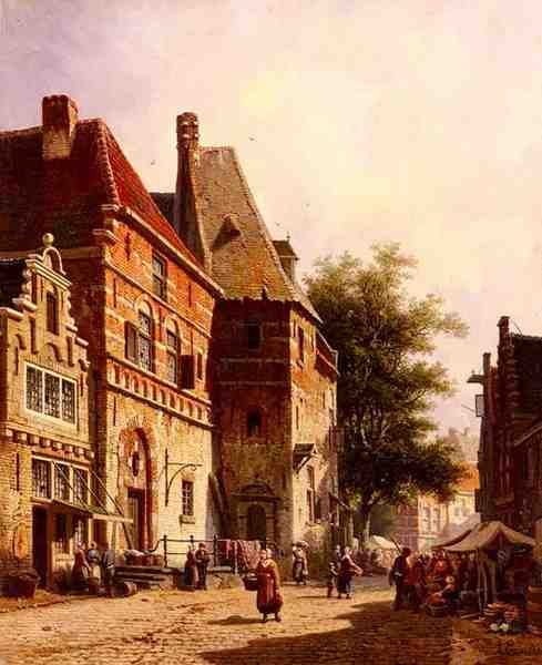 Eversen Adrianus A Sunlit Street On Market Day A4 Photo Print