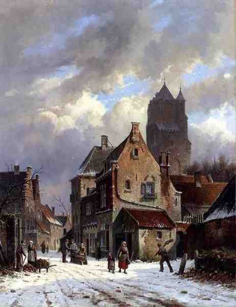 Eversen Adrianus Figures In A Snowy Village Street A4 Photo Print