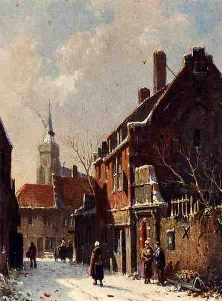 Eversen Adrianus Figures In The Streets Of A Dutch Town In Winter A4 Photo Print