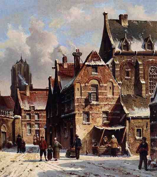 Eversen Adrianus Figures In The Streets Of A Wintry Town A4 Photo Print