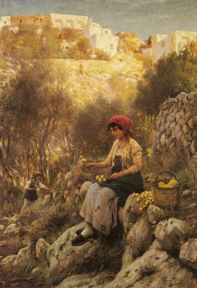 Fisher Horace Young Girls Picking Flowers Art A4 Photo Print